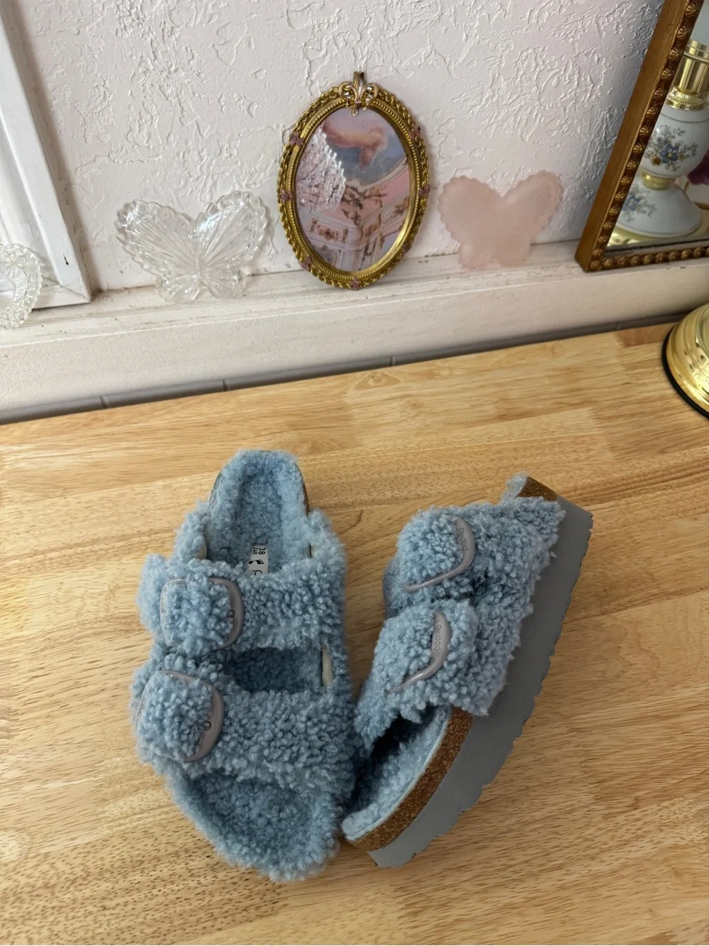 Papillio by Birkenstock Blue Teddy Sherpa Double Strap Slides EU 38 Cozy Y2K